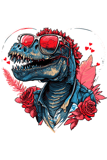 Vector de T-Rex con gafas de sol rojas, chaqueta de cuero, rodeado de flores y corazón, estilo cartoon romántico